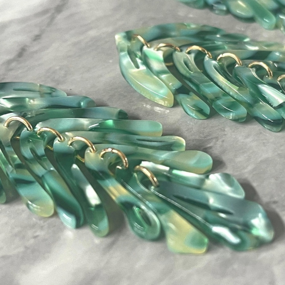 Green Marble Feather Earrings